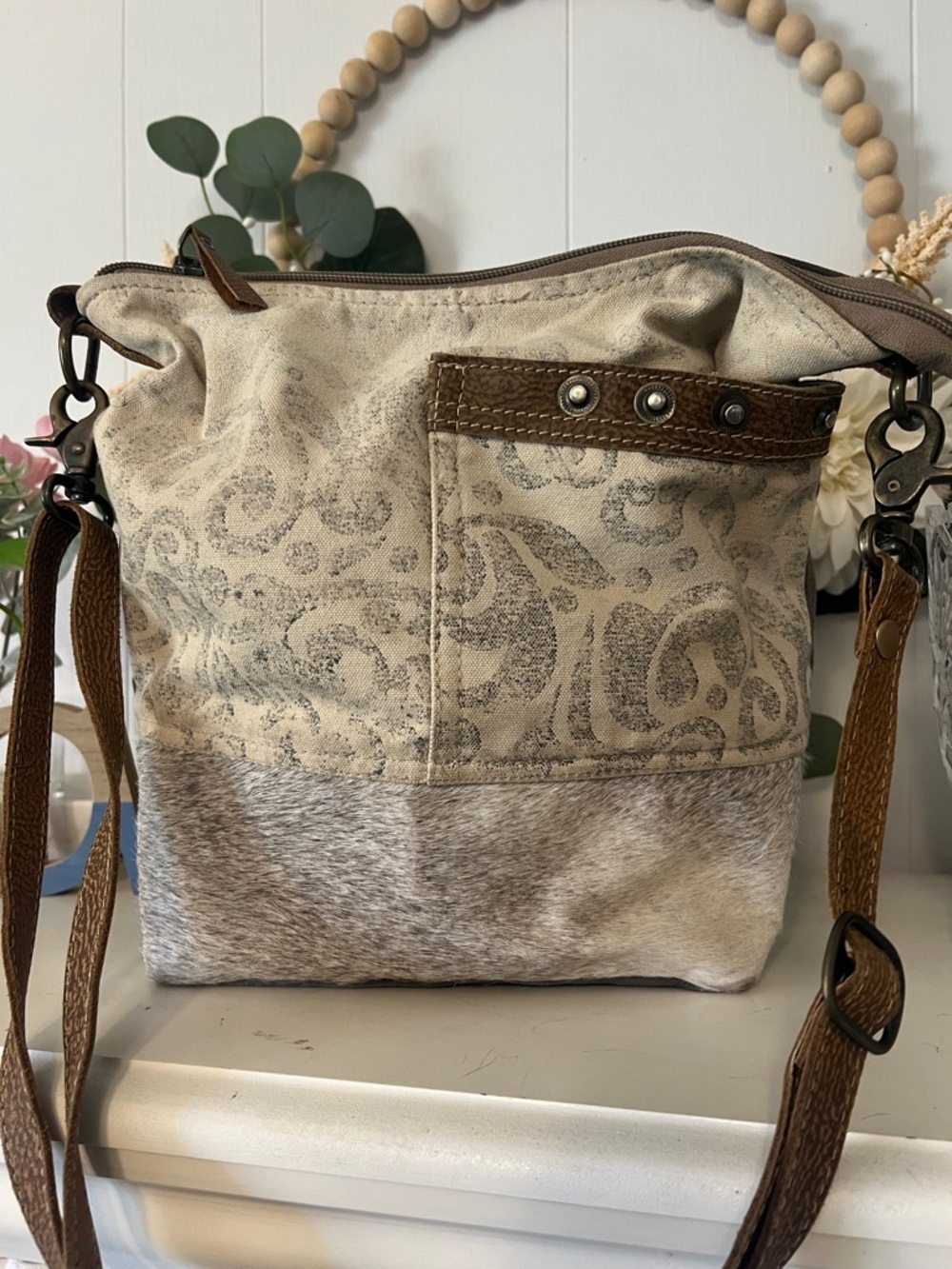 Myra Bag Neutral Printed Canvas & Haircalf Crossbody with Brown Trim